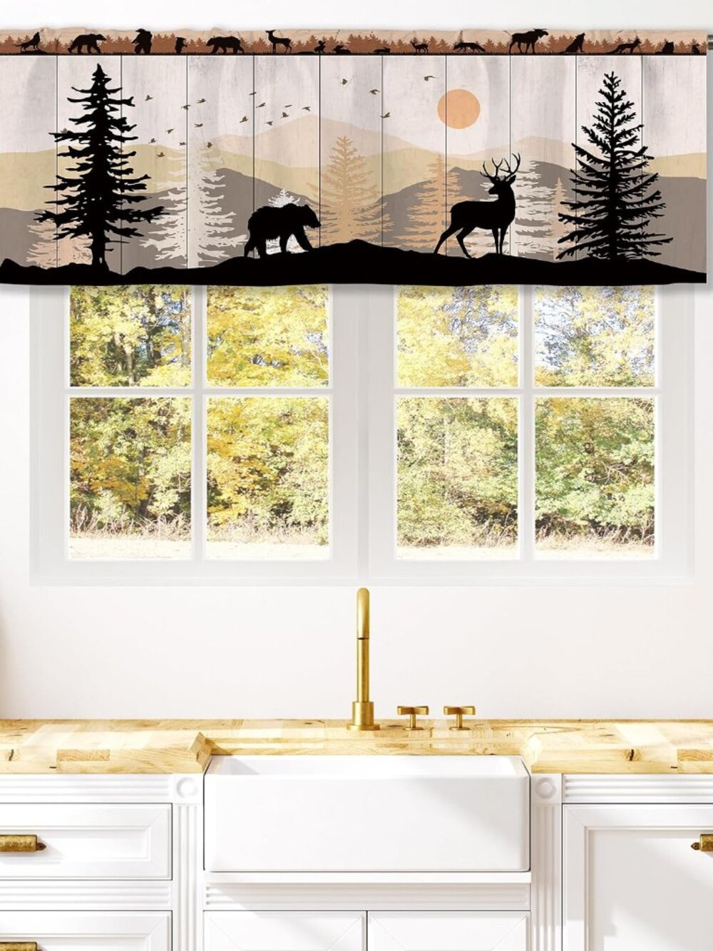 Farmhouse Forest Cabin Curtain Valance for Window Treatments Rustic Wooden Rod P